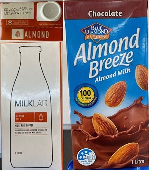 UHT almond milk brand milk lab and blue diamond almond breeze